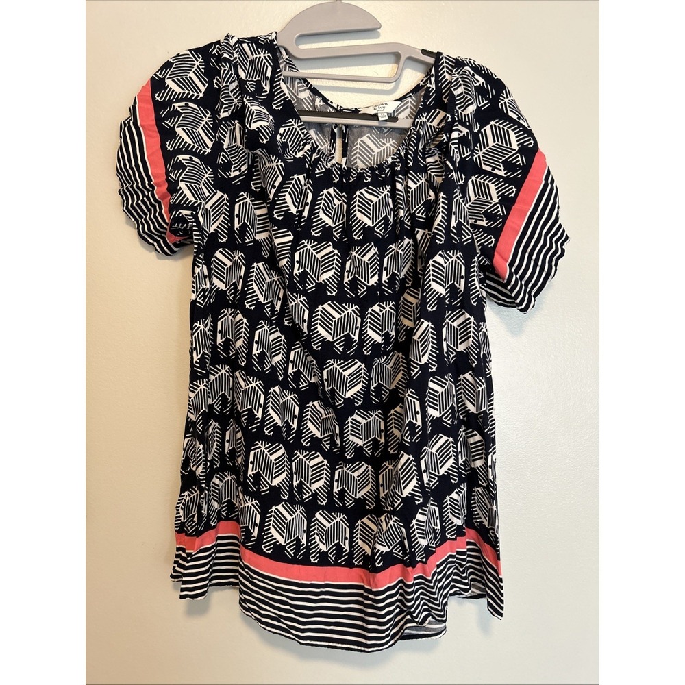 Crown & Ivy Navy Coral Elephant Print Cold Shoulder Blouse Petite Large